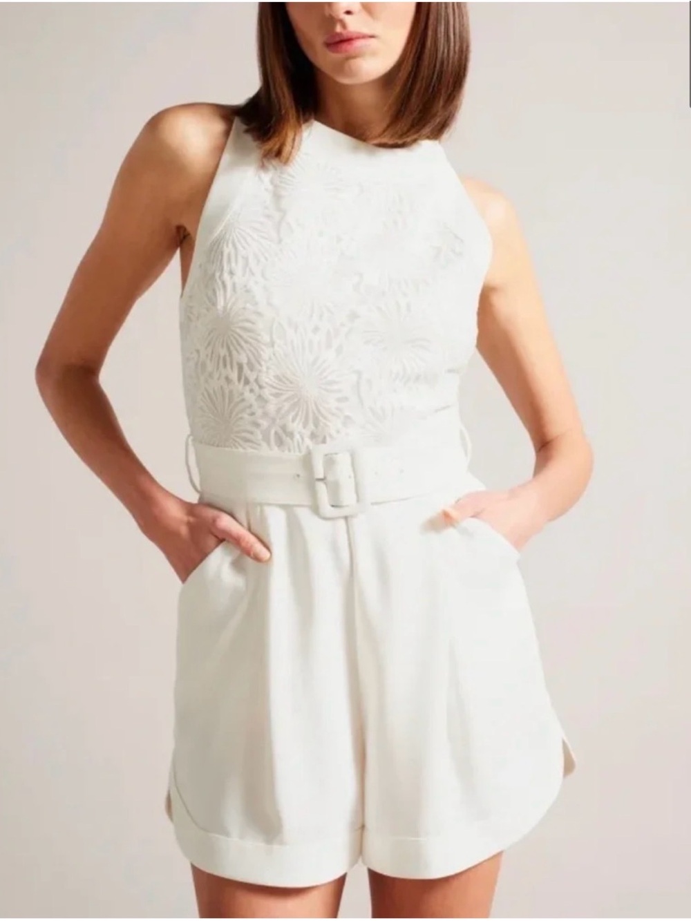 Ted Baker White Sleeveless Embroidered Jumpsuit
